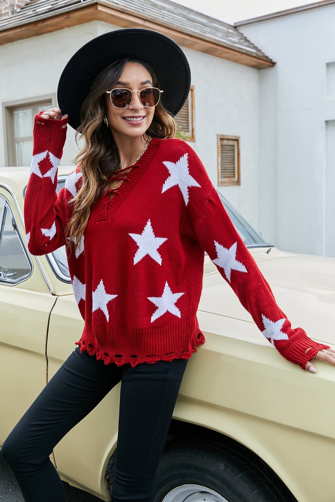 Lace-up sexy V-neck star jacquard loose pullover sweater Sai Feel