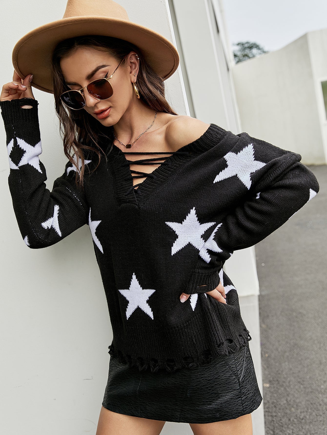 Lace-up sexy V-neck star jacquard loose pullover sweater Sai Feel