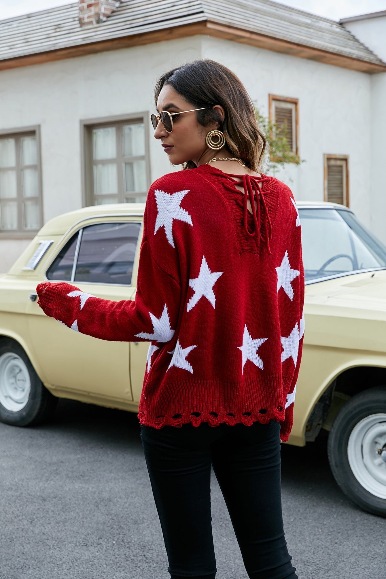 Lace-up sexy V-neck star jacquard loose pullover sweater Sai Feel