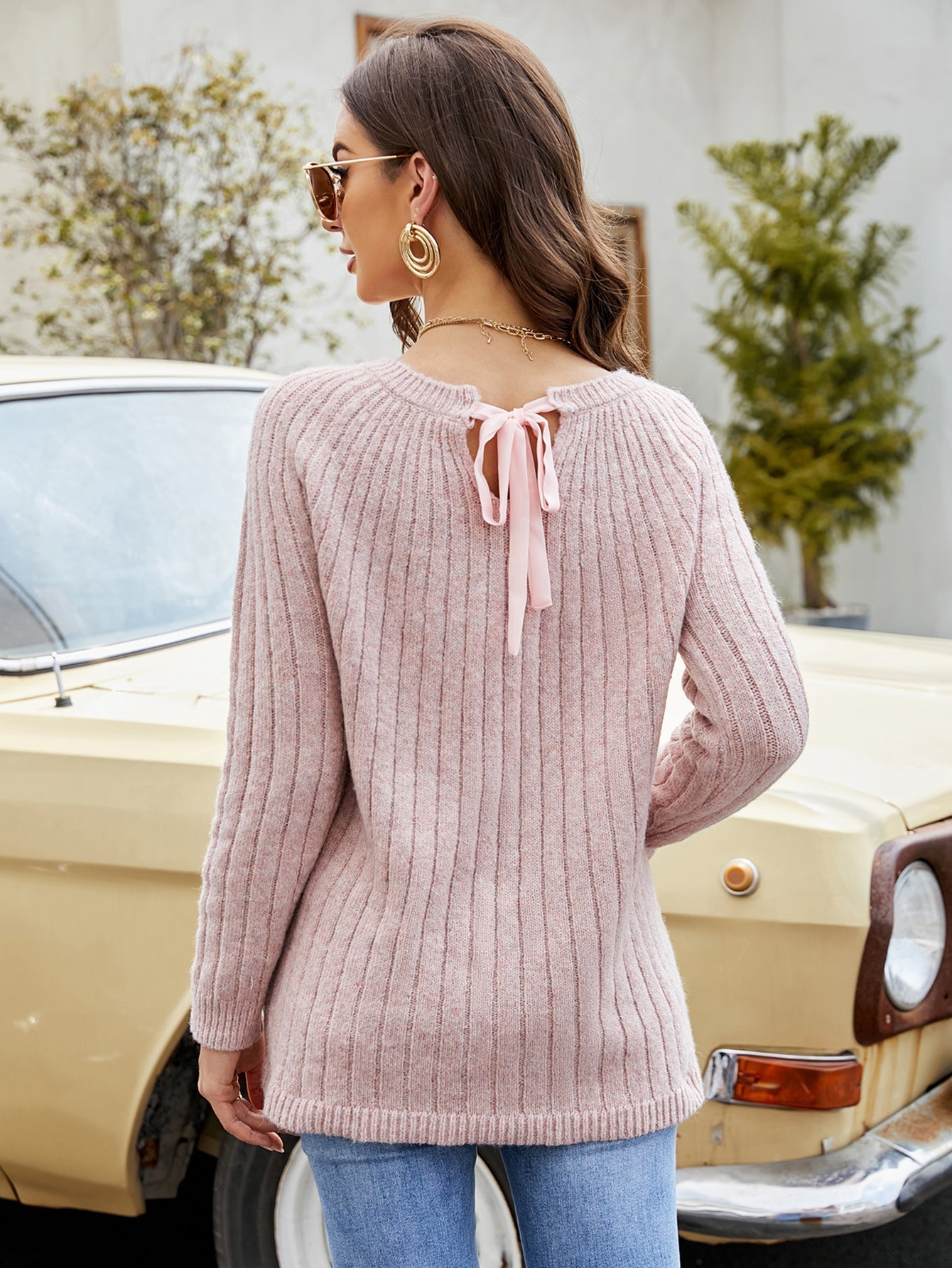 Lace-up solid color knitted sweater Sai Feel