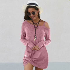 Ladies Cold Shoulder Twist Knit Mini Long Sleeve Dress Sai Feel