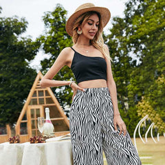 Ladies Fashion Casual Suit Striped High Waist Wide Leg Casual Pants Camisole Sai Feel