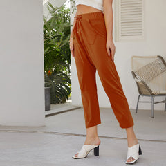 Ladies Fashion Harem Pants Casual Loose Trousers Solid Color Elastic Waist Lace-up Long Pants Boho Pants Sai Feel