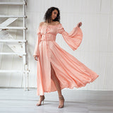 Ladies Fashion Strapless Ruffle elastic long Sleeve waist elastic front slit Dress party dress Sai Feel