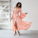 Ladies Fashion Strapless Ruffle elastic long Sleeve waist elastic front slit Dress party dress Sai Feel