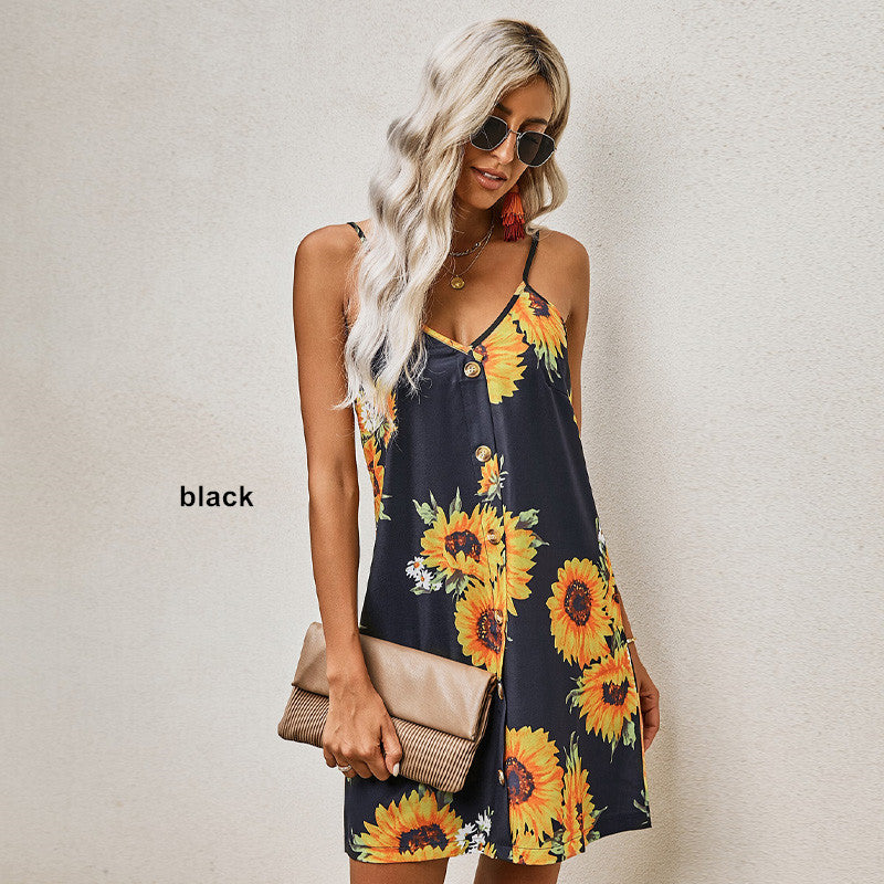 Ladies Flower Sunflower Pattern Buttoned Slip Cami Dress Beach Skirt Sai Feel