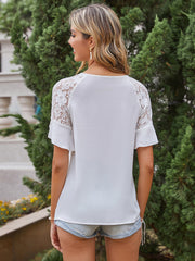 Ladies Lace Short Sleeve T-Shirt Loose Round Neck Solid Color Pullover Top Sai Feel