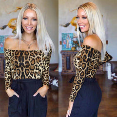 Ladies Long Sleeve Off Shoulder Leopard Bodysuit Teddy Sai Feel