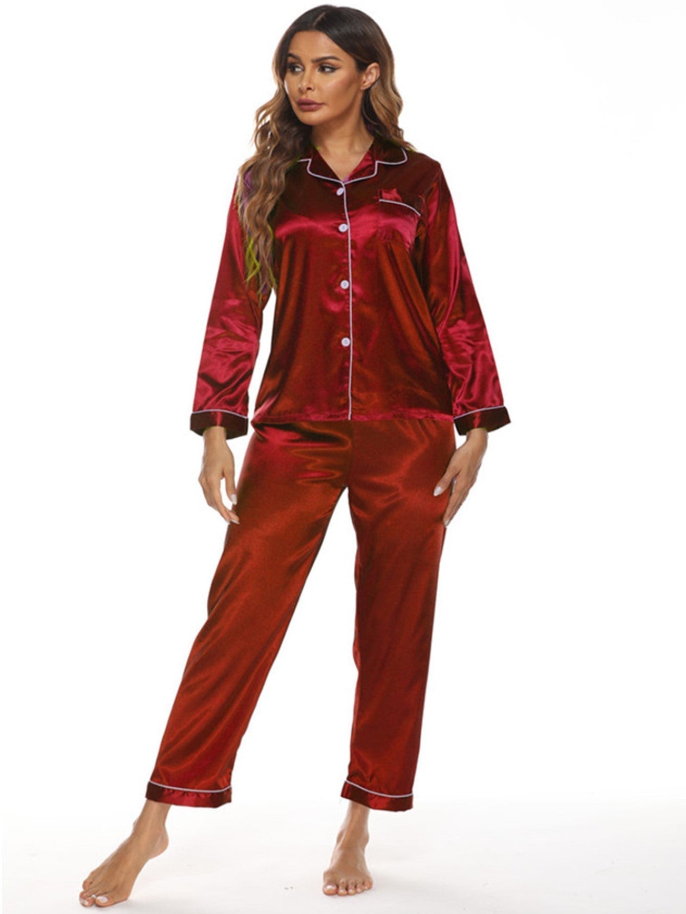 Ladies Long Sleeve Silky 2PCS Pajama Set Sai Feel