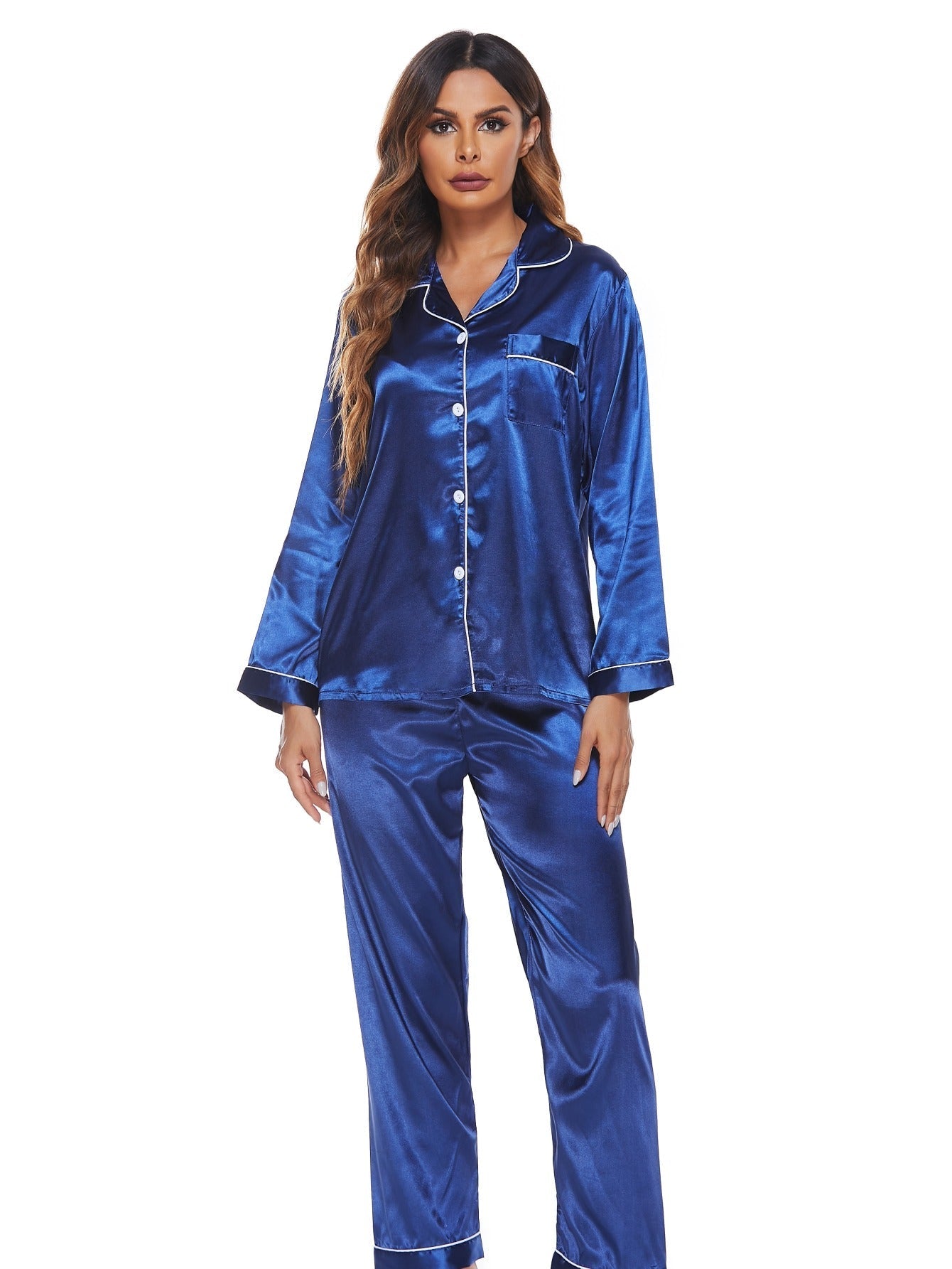 Ladies Long Sleeve Silky 2PCS Pajama Set Sai Feel