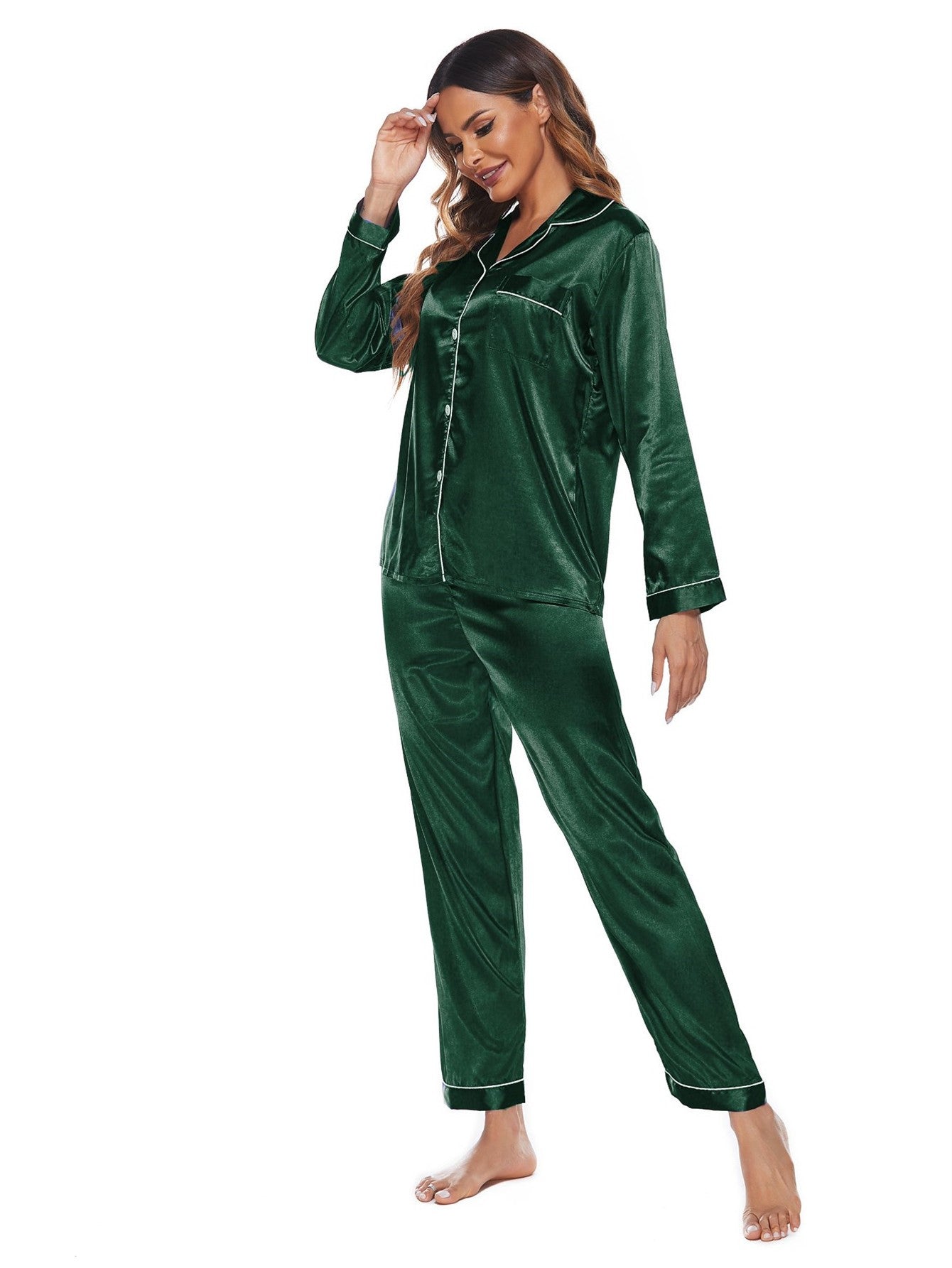 Ladies Long Sleeve Silky 2PCS Pajama Set Sai Feel