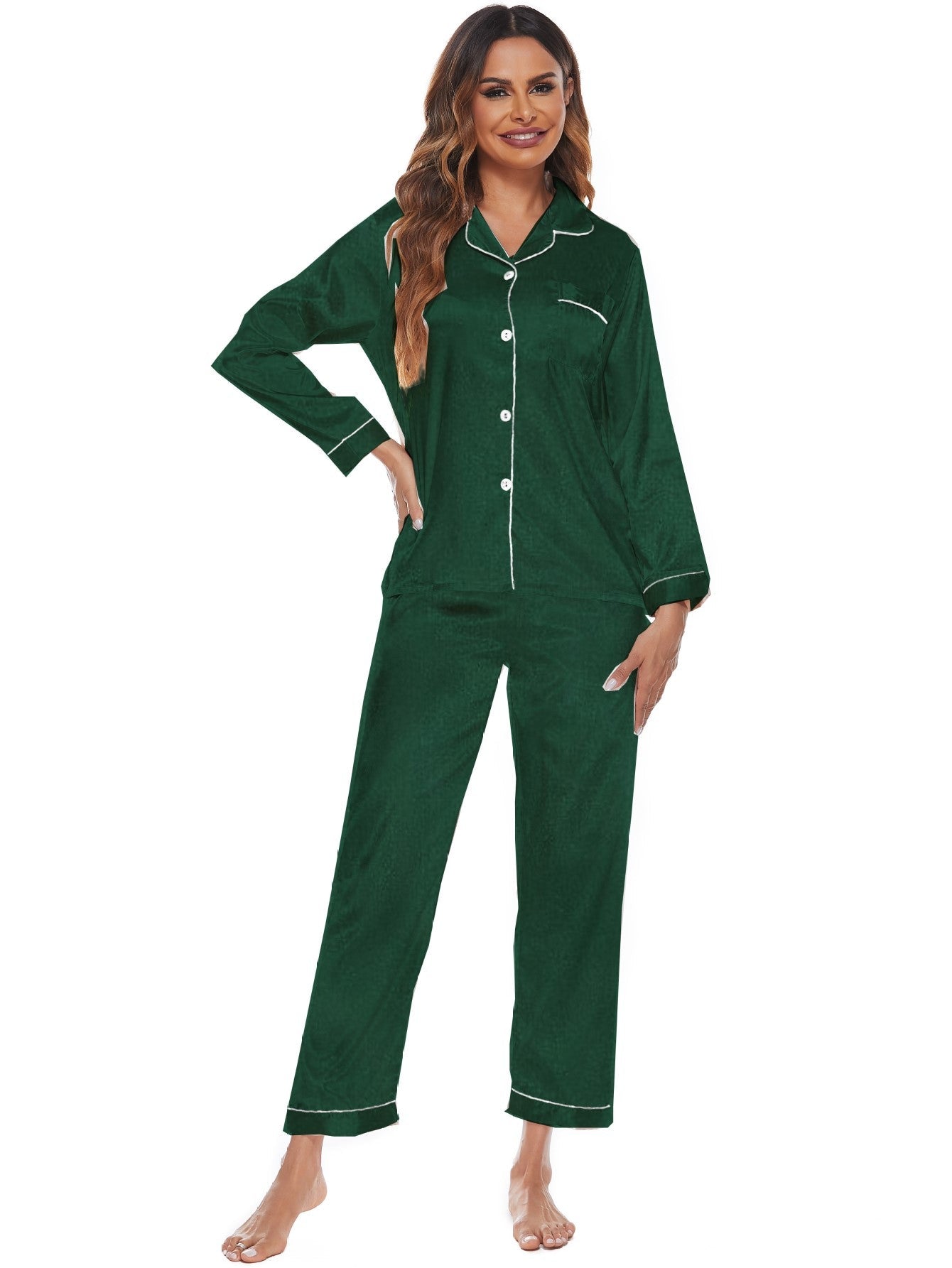 Ladies Long Sleeve Silky 2PCS Pajama Set Sai Feel