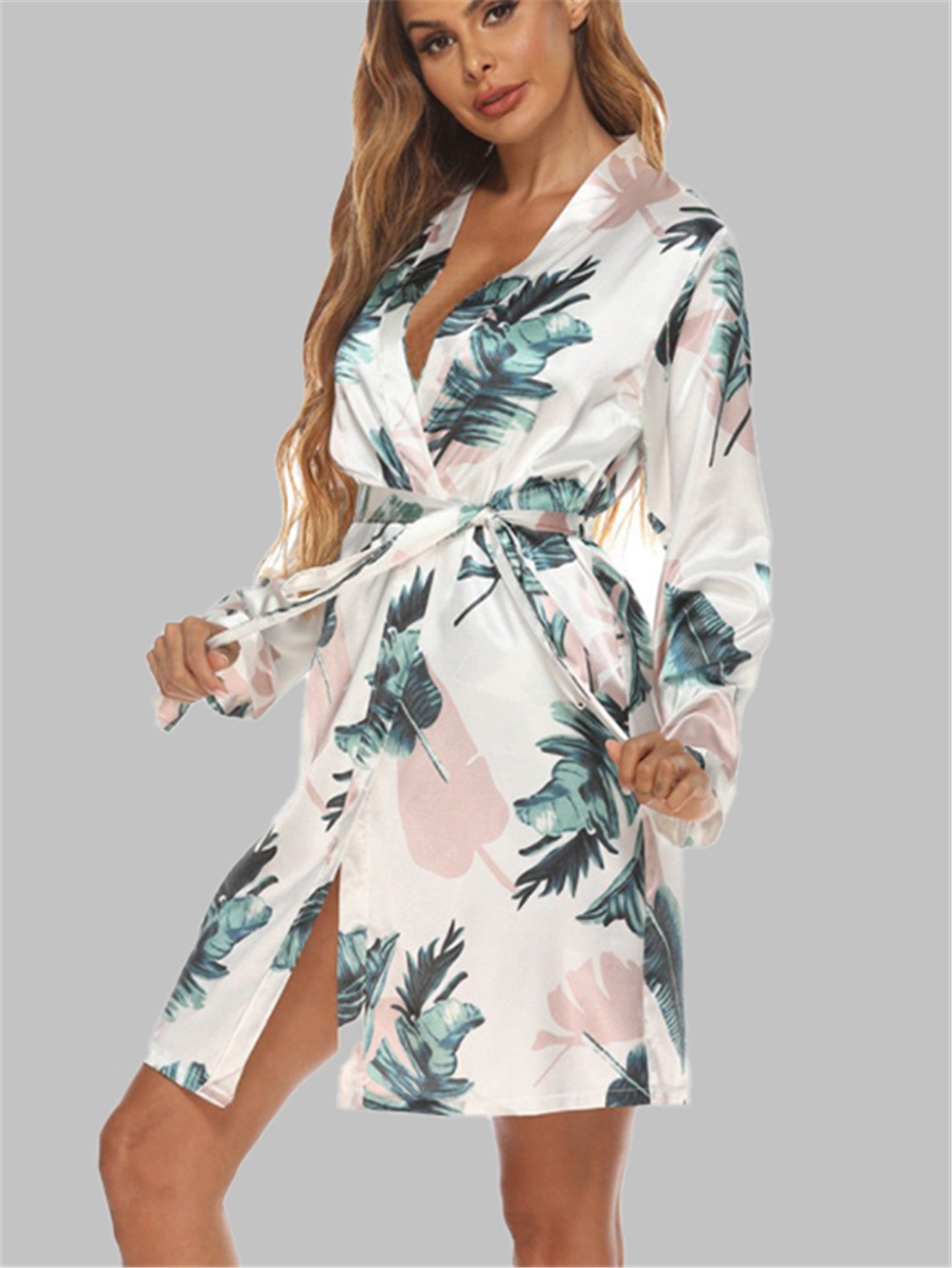 Ladies Long Sleeve Silky Robe with Waist Band Sai Feel