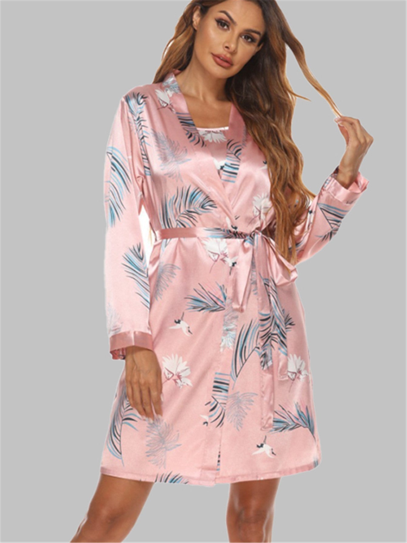 Ladies Long Sleeve Silky Robe with Waist Band Sai Feel