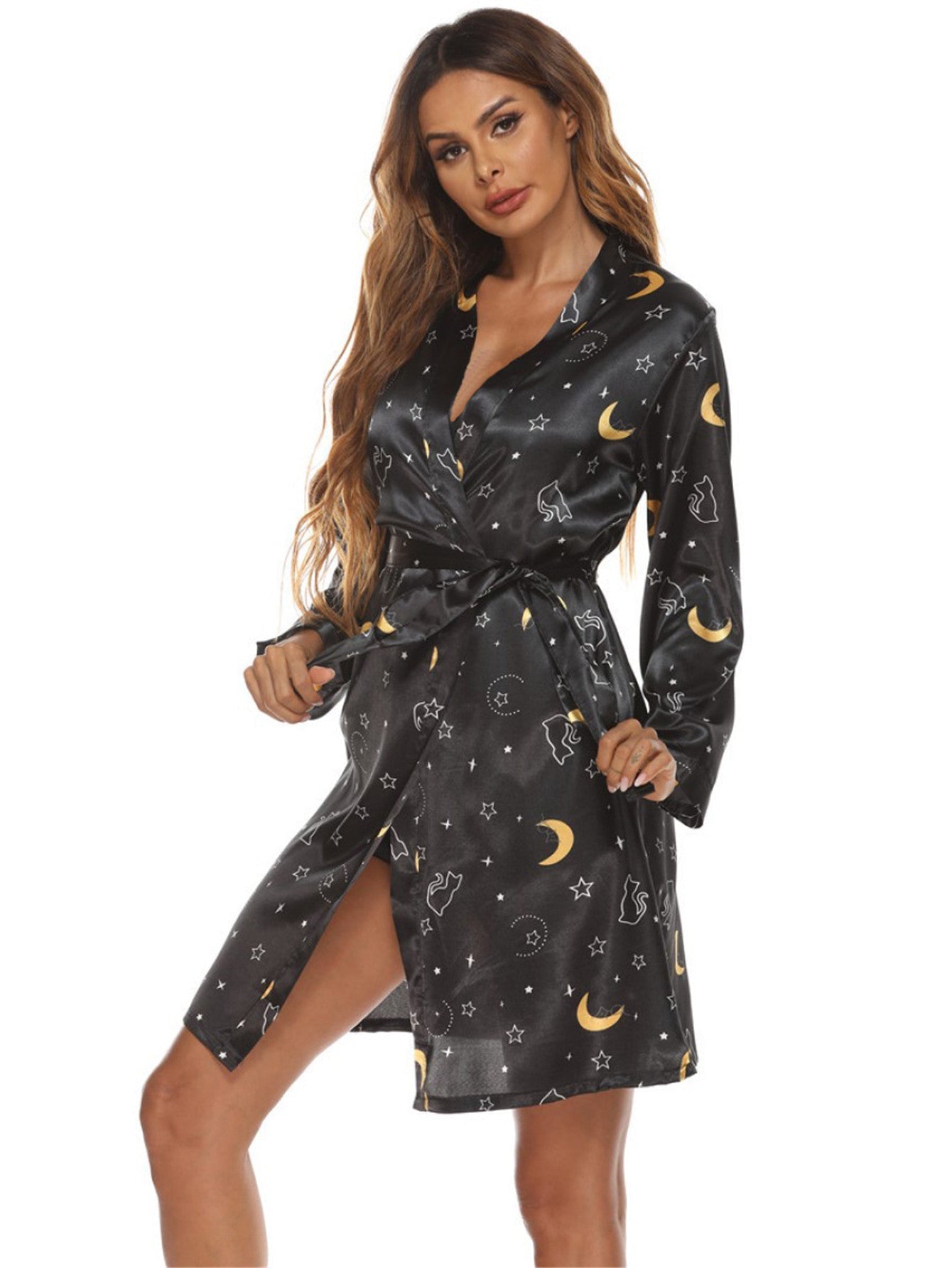 Ladies Long Sleeve Silky Robe with Waist Band Sai Feel