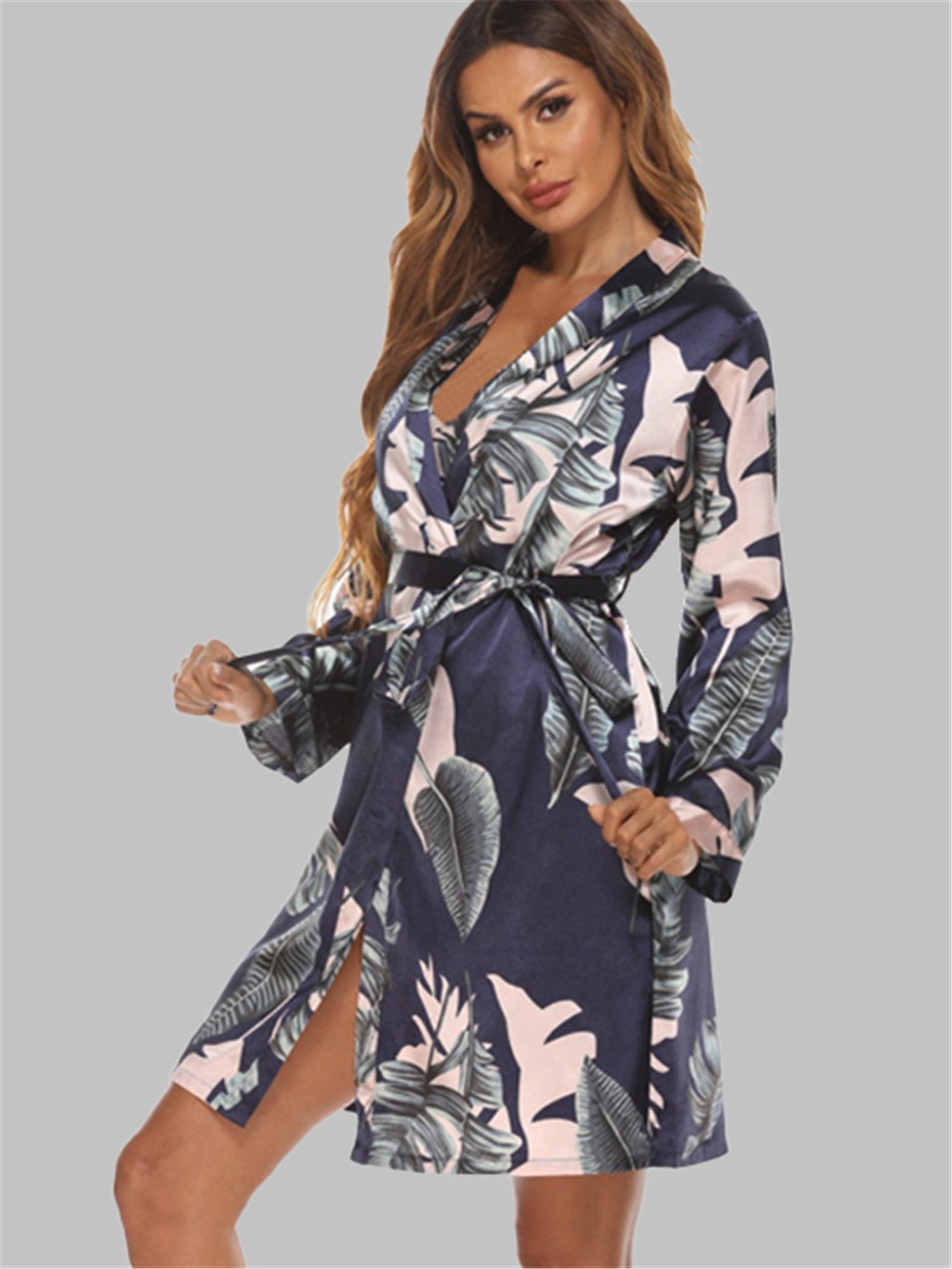 Ladies Long Sleeve Silky Robe with Waist Band Sai Feel