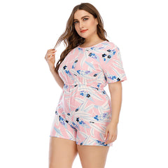 Ladies Print Short Sleeve Plus Size Round Neck Backless Casual Jumpsuit Sai Feel