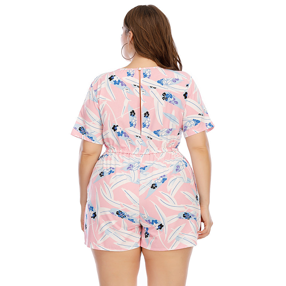Ladies Print Short Sleeve Plus Size Round Neck Backless Casual Jumpsuit Sai Feel