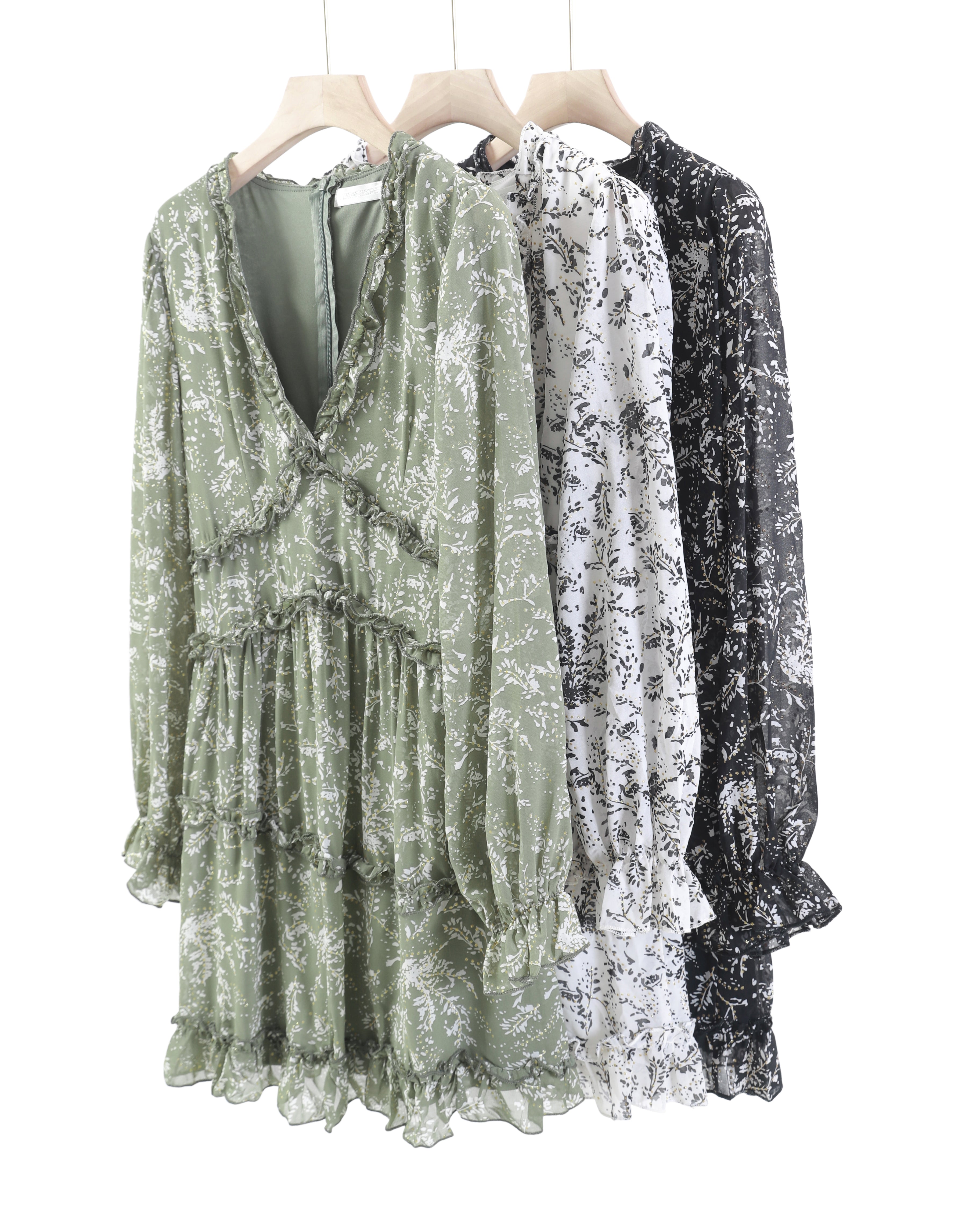 Ladies V-neck Printed Long Sleeve Dress Floral Sweet Fairy Skirt Sai Feel