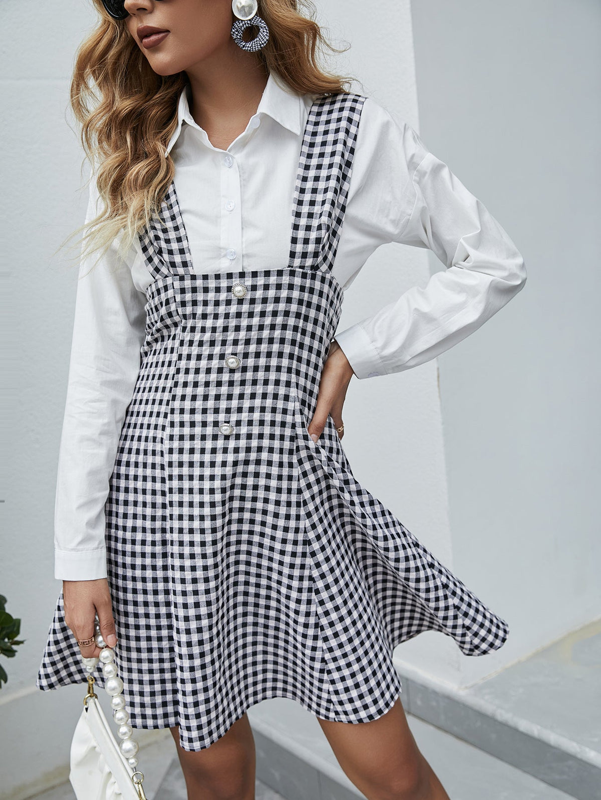 Ladies black and white plaid suspender dress Sai Feel