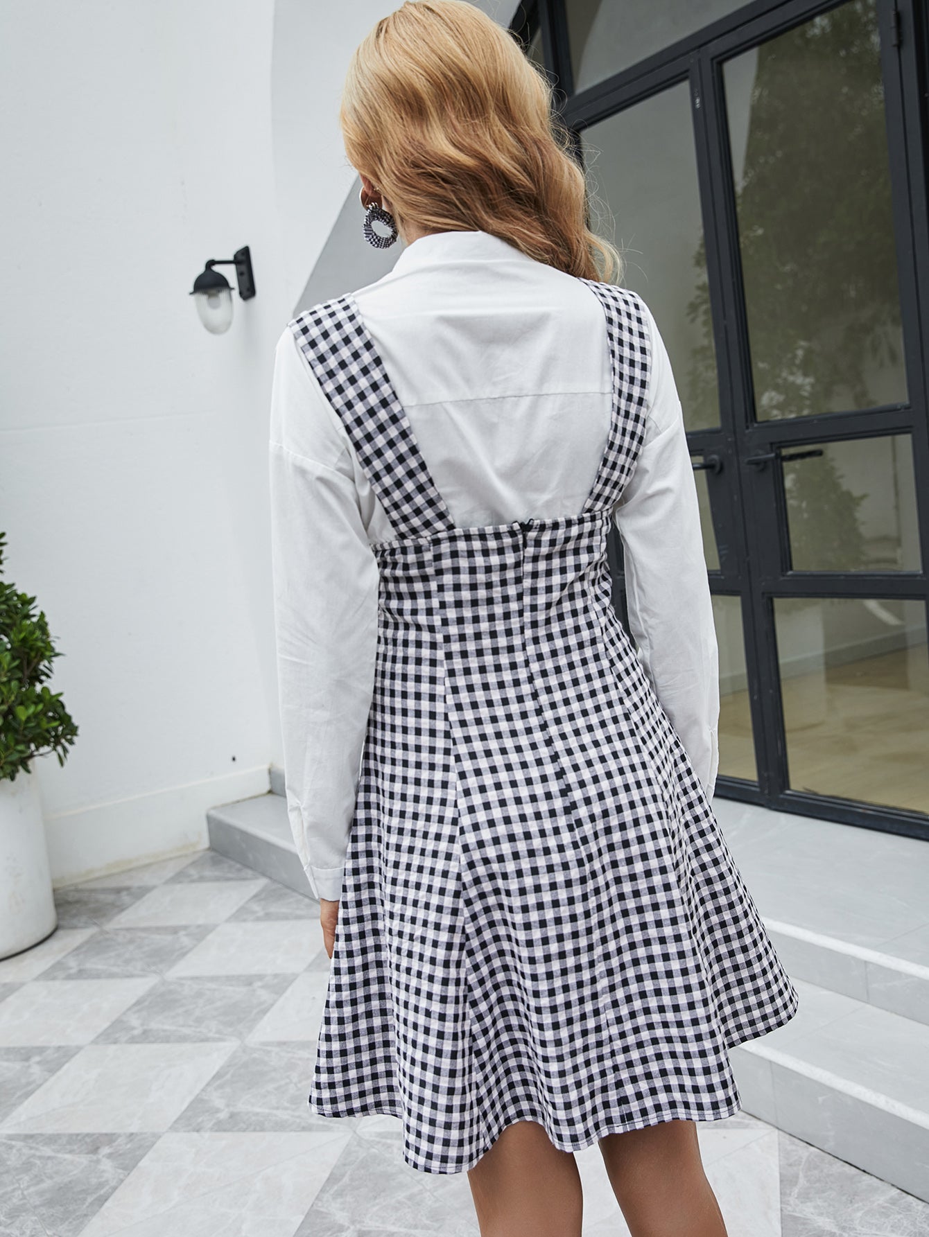 Ladies black and white plaid suspender dress Sai Feel