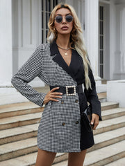 Ladies double-breasted black and white plaid blazer without belt Sai Feel
