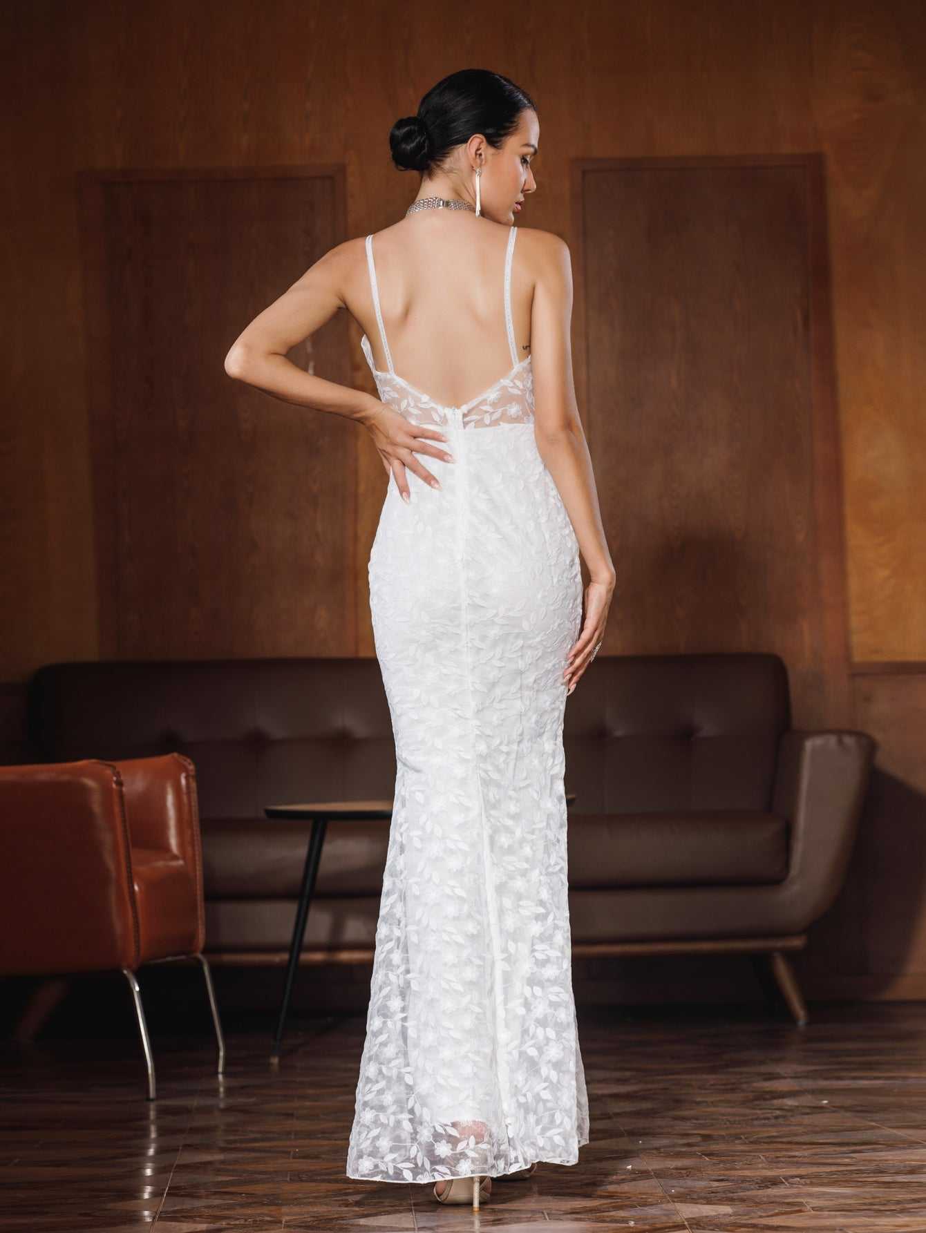 Lady Wedding Party V-neck Lace Strapless Flower Ambroidered Gown Dress Sai Feel