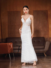 Lady Wedding Party V-neck Lace Strapless Flower Ambroidered Gown Dress Sai Feel