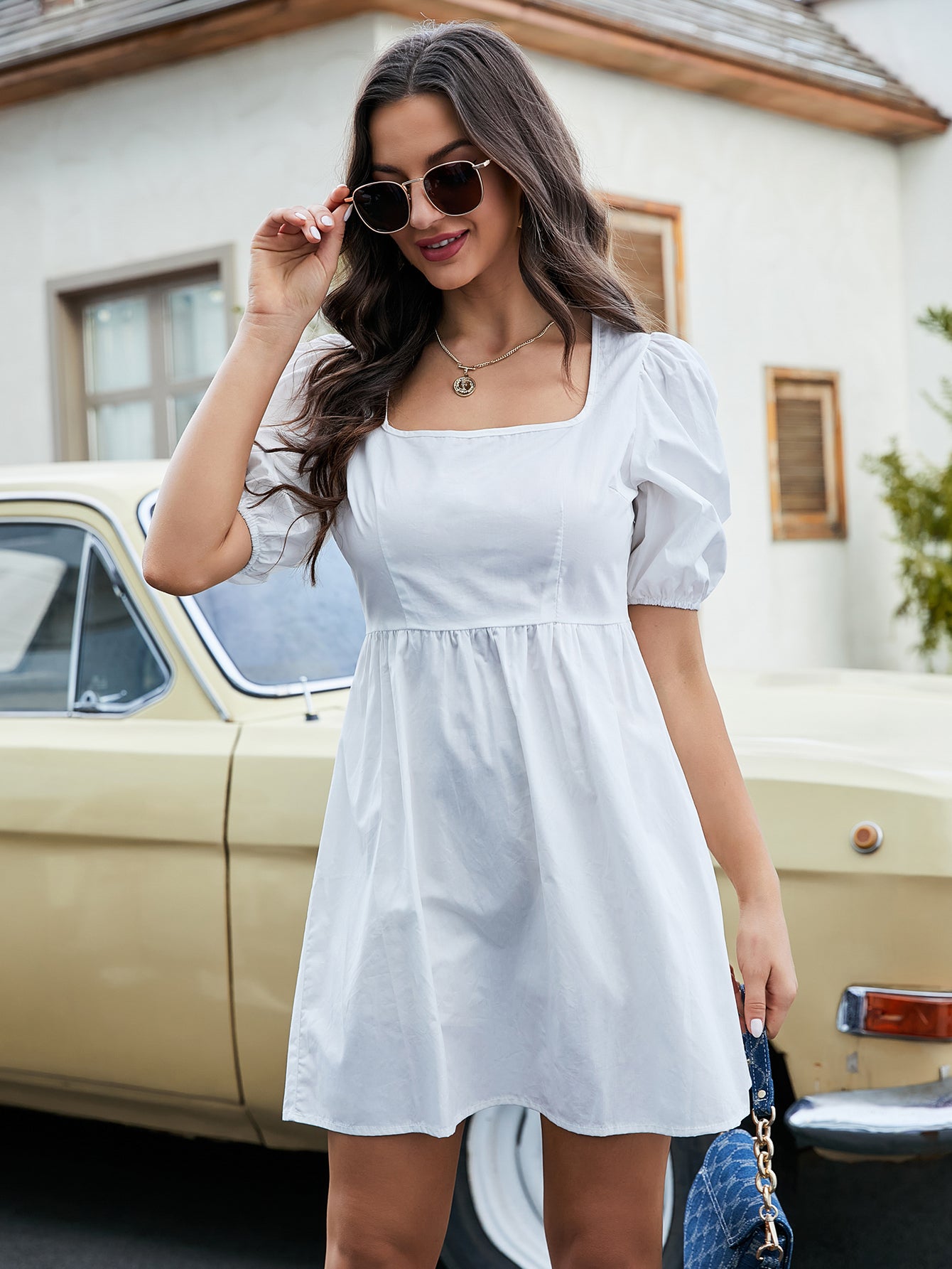 Lantern Sleeve High Waist Solid Dress Sai Feel