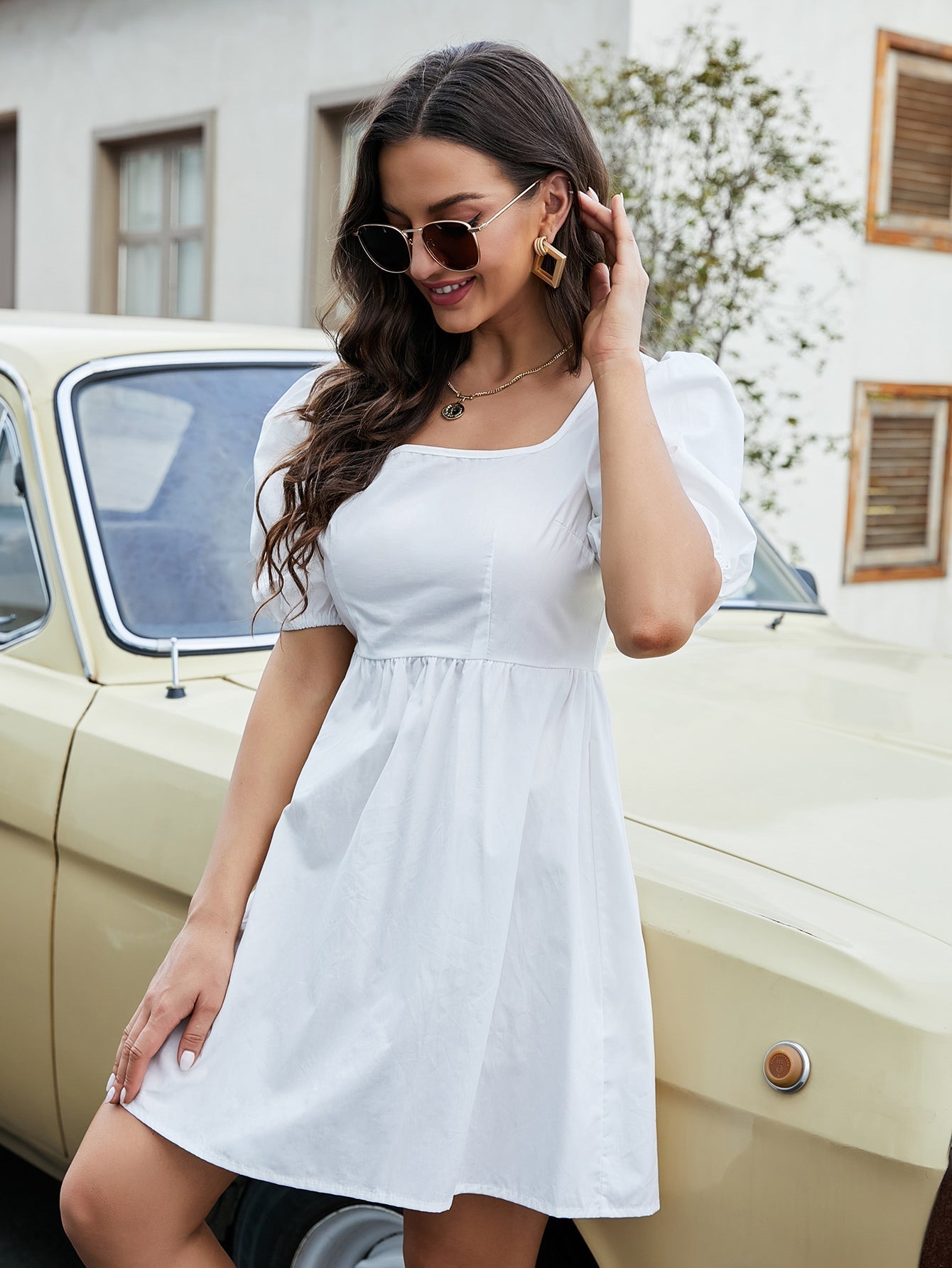 Lantern Sleeve High Waist Solid Dress Sai Feel