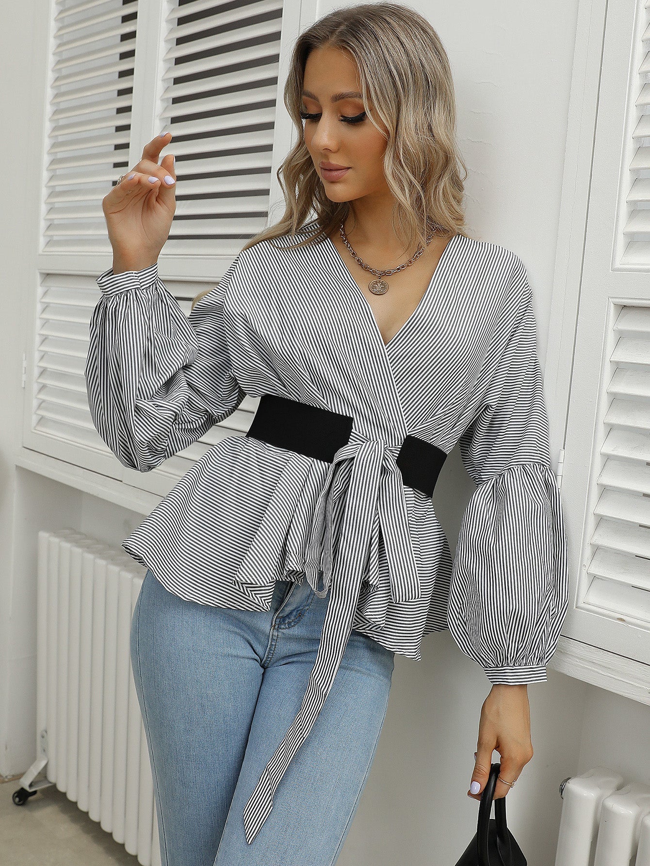 Lantern Sleeve Stripe V-neck Blouse Sai Feel