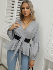 Lantern Sleeve Stripe V-neck Blouse Sai Feel