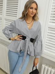 Lantern Sleeve Stripe V-neck Blouse Sai Feel