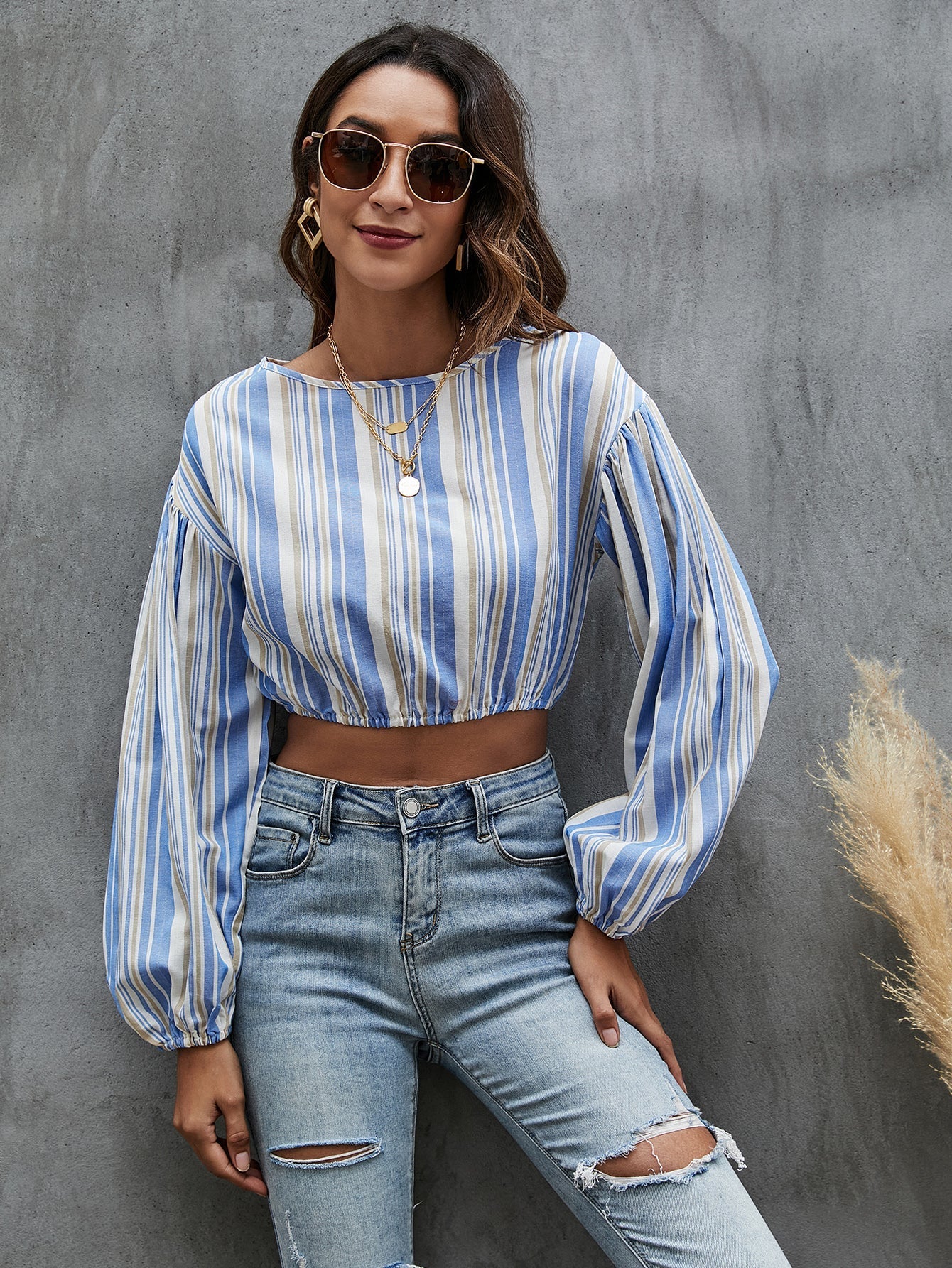 Lantern Sleeve Striped Top Sai Feel