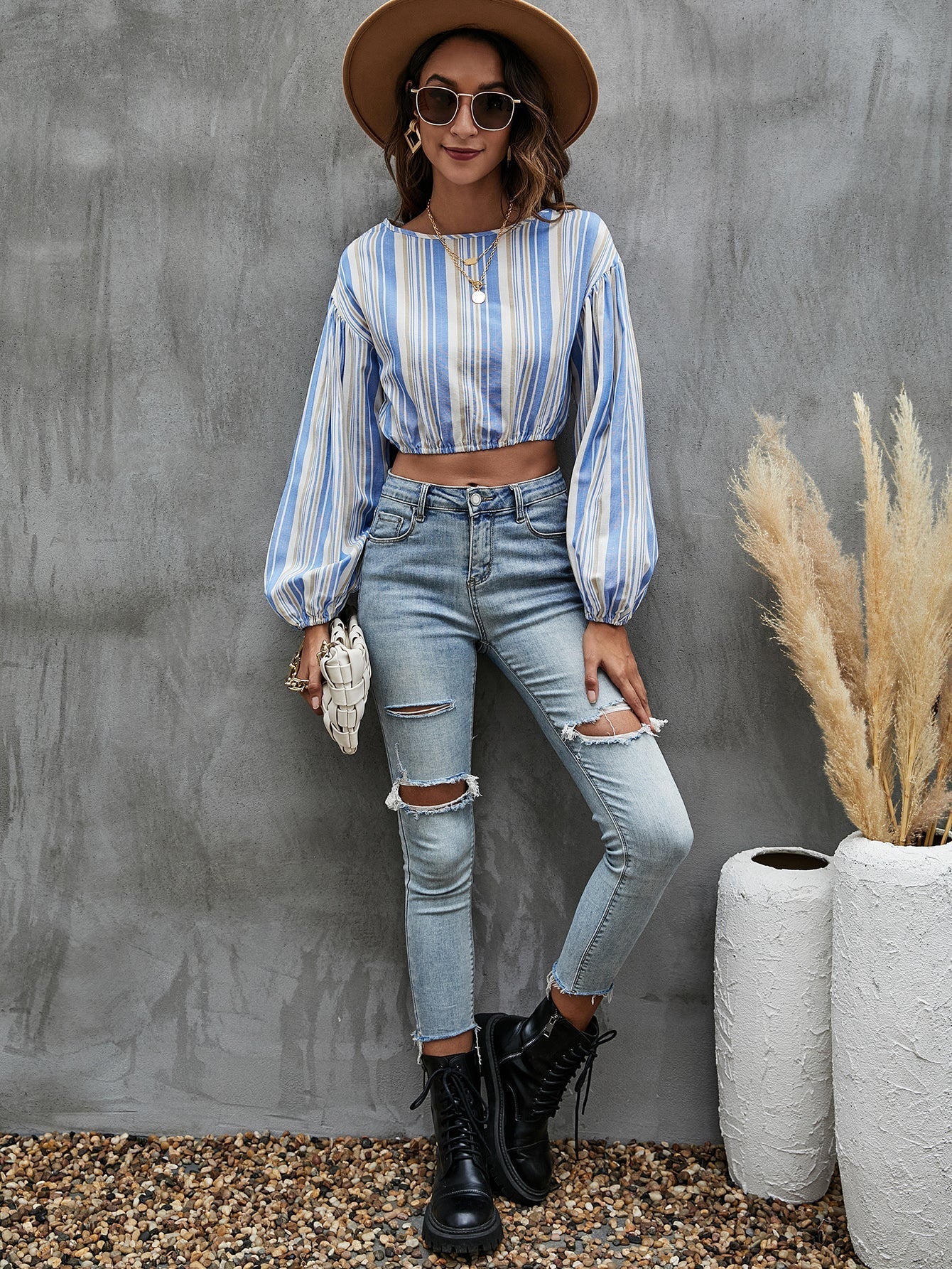 Lantern Sleeve Striped Top Sai Feel