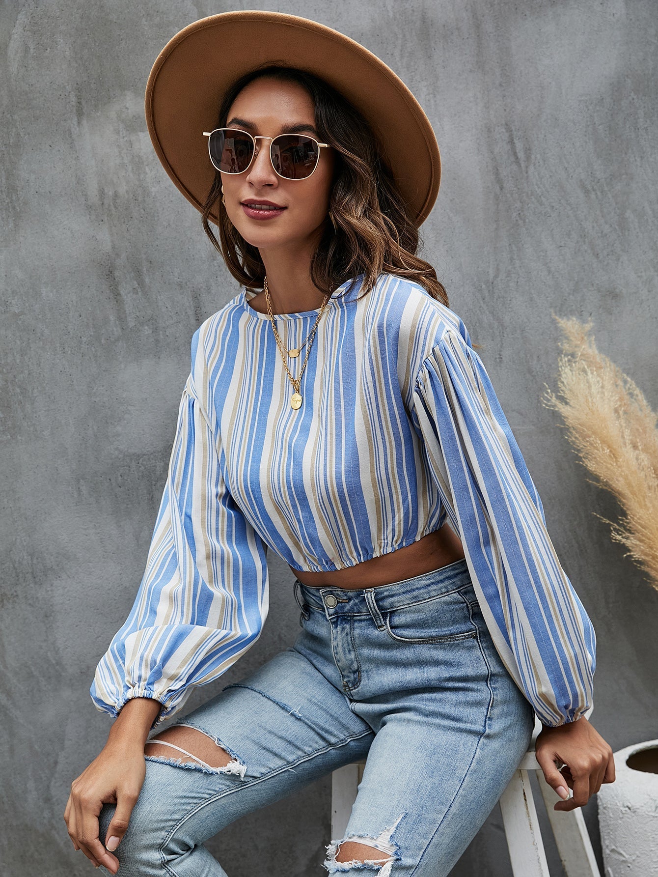 Lantern Sleeve Striped Top Sai Feel