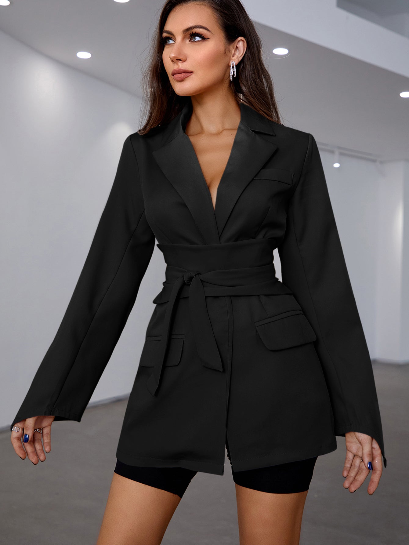 Lapel Collar Flap Detail Belted Blazer Sai Feel