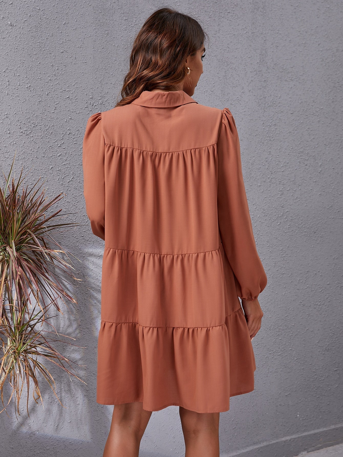 Lapel Drawstring Long Sleeve Smocked Casual Dress Sai Feel