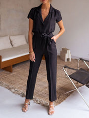 Lapel Lace-Up Pocket Casual Jumpsuit Sai Feel