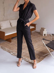 Lapel Lace-Up Pocket Casual Jumpsuit Sai Feel