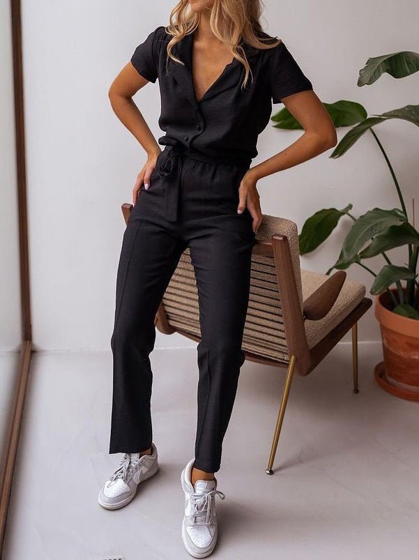 Lapel Lace-Up Pocket Casual Jumpsuit Sai Feel