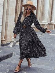 Lapel Long Sleeve Polka Dot Black Maxi Dress without Belt Sai Feel