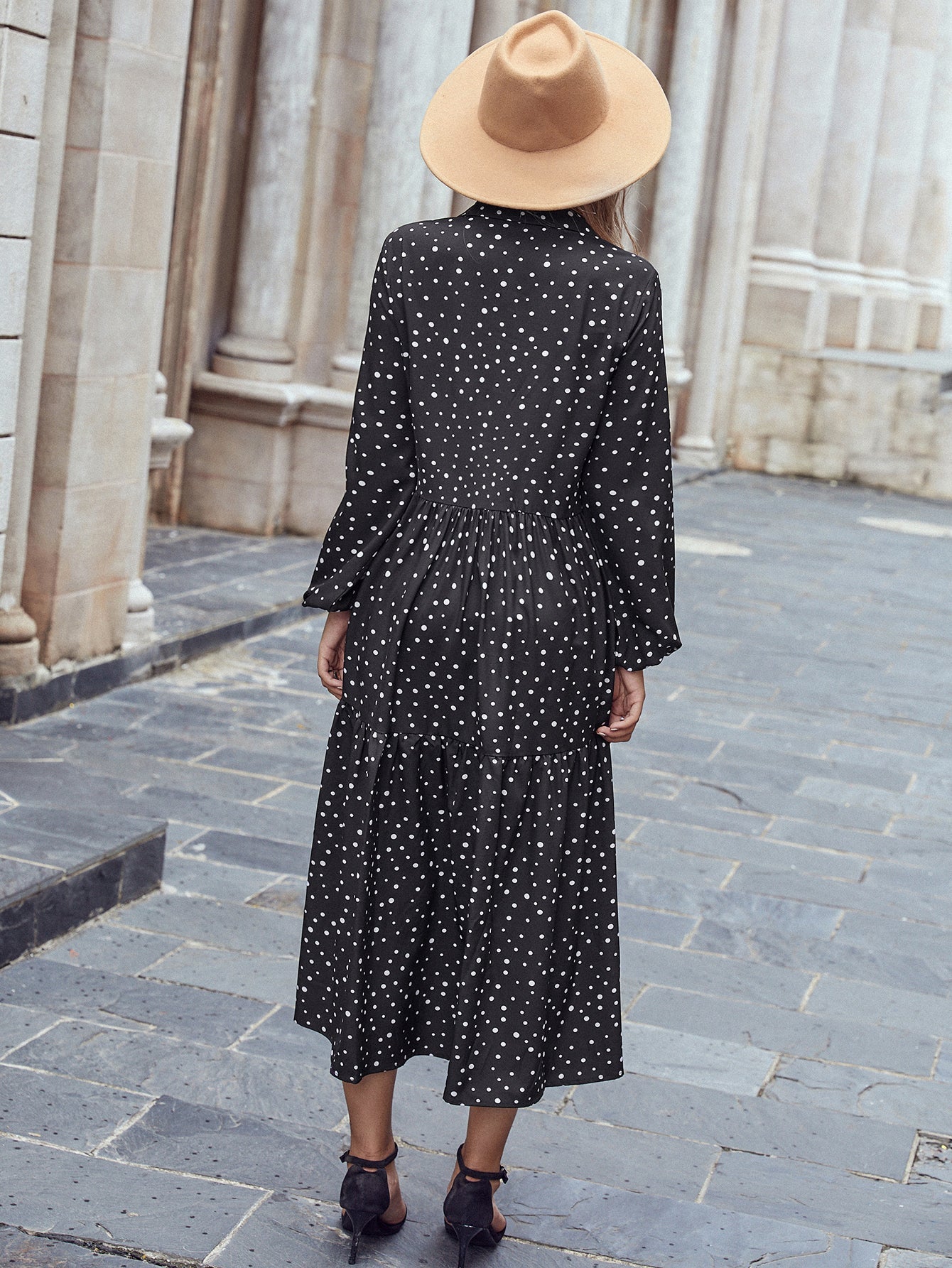 Lapel Long Sleeve Polka Dot Black Maxi Dress without Belt Sai Feel