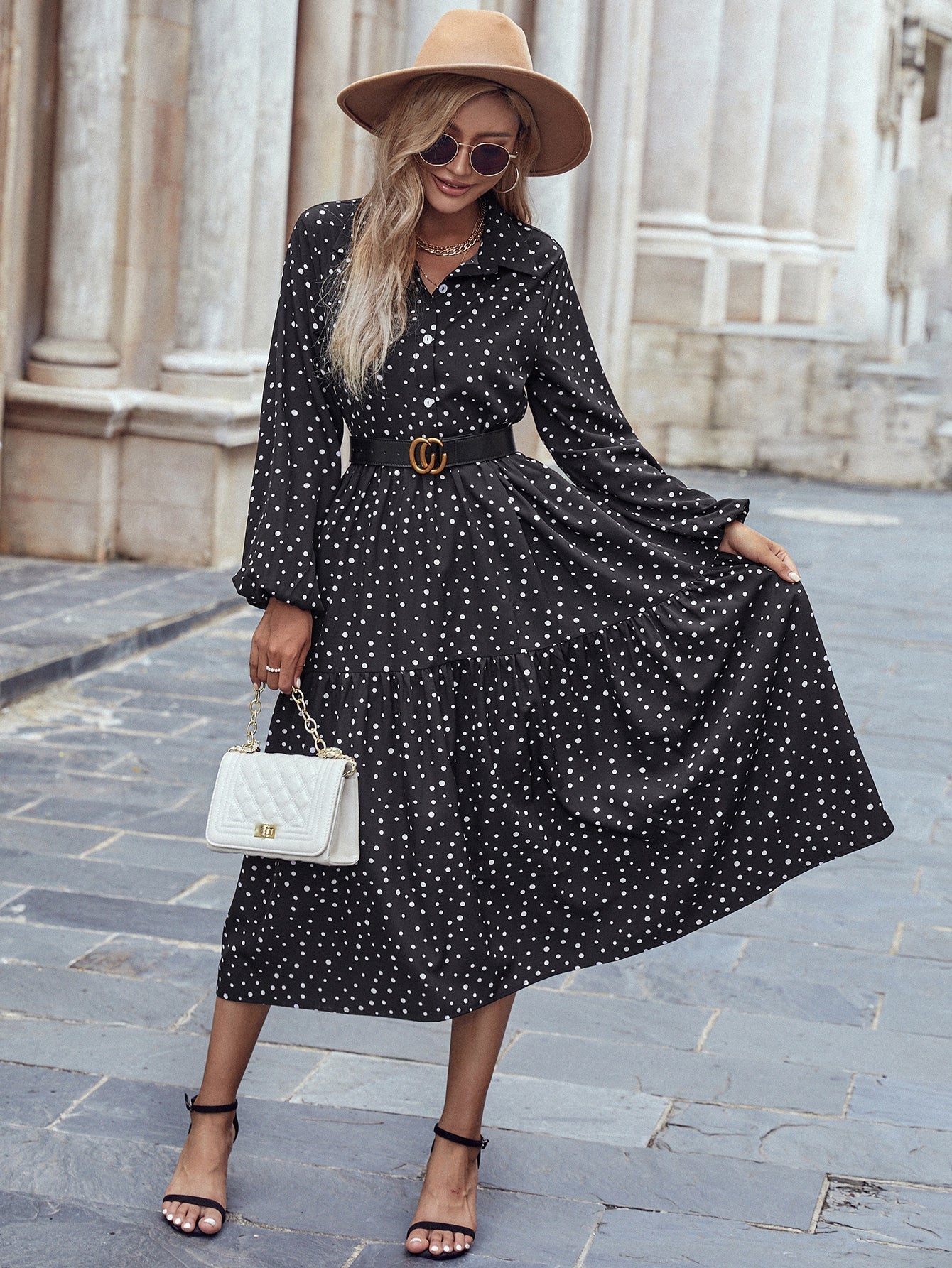 Lapel Long Sleeve Polka Dot Black Maxi Dress without Belt Sai Feel