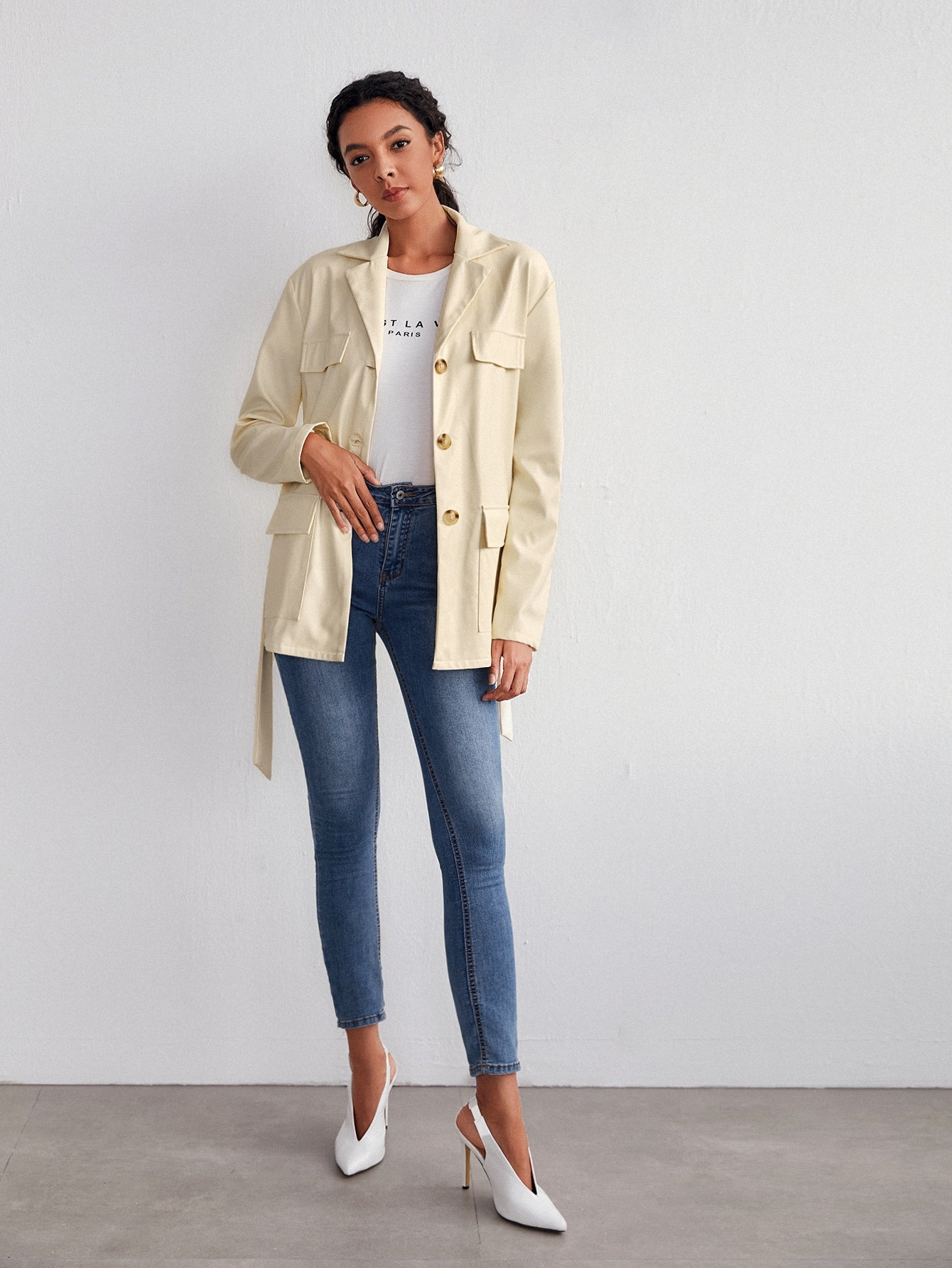 Lapel Neck Single Breasted Belted Coat Sai Feel