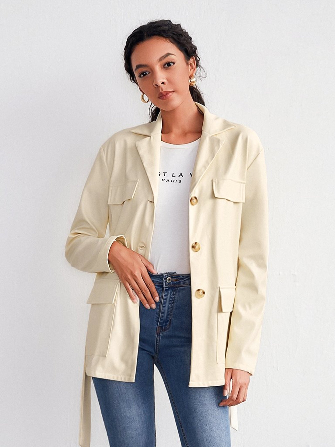 Lapel Neck Single Breasted Belted Coat Sai Feel