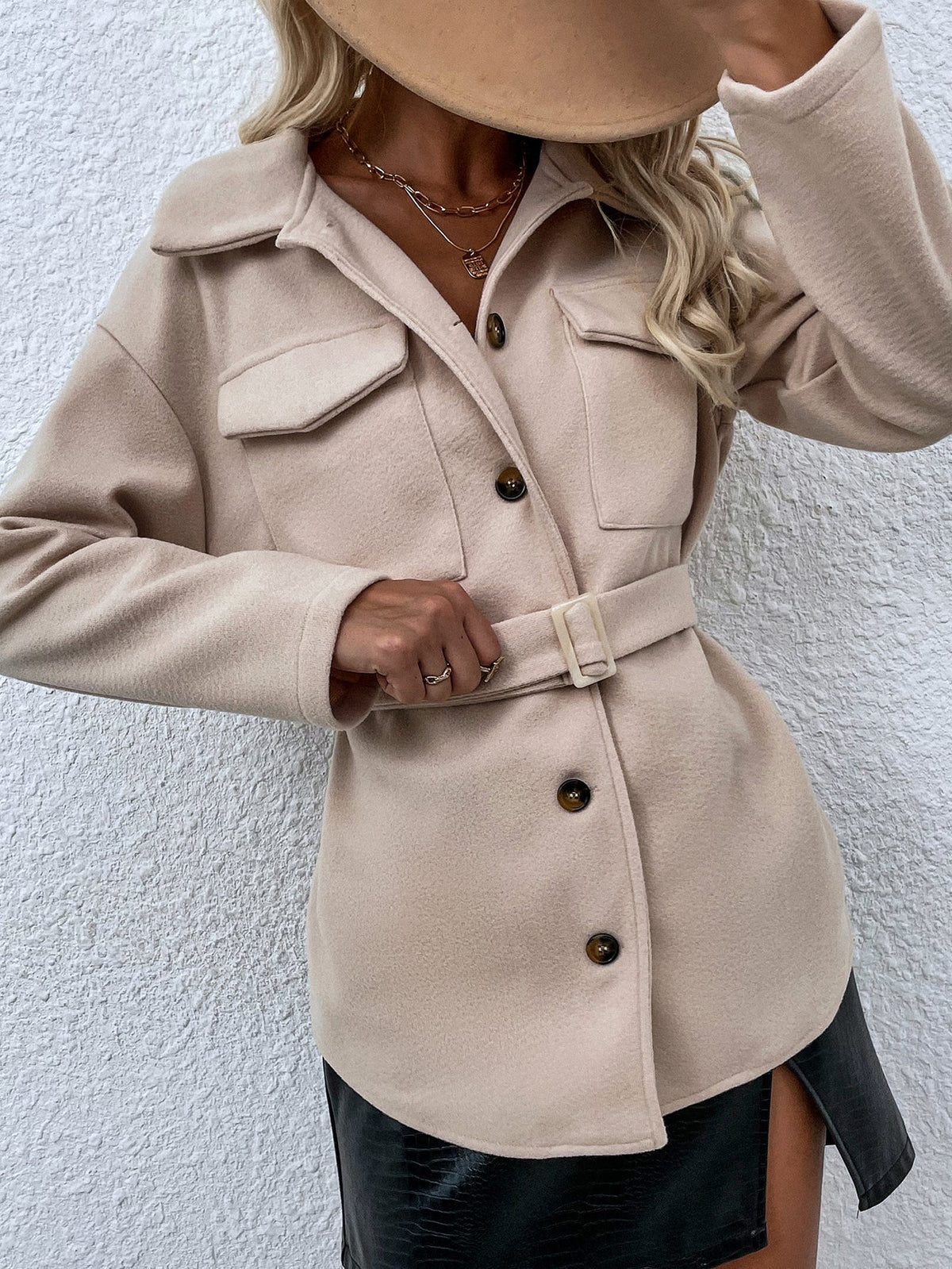 Lapel beige coat waist shirt jacket Sai Feel