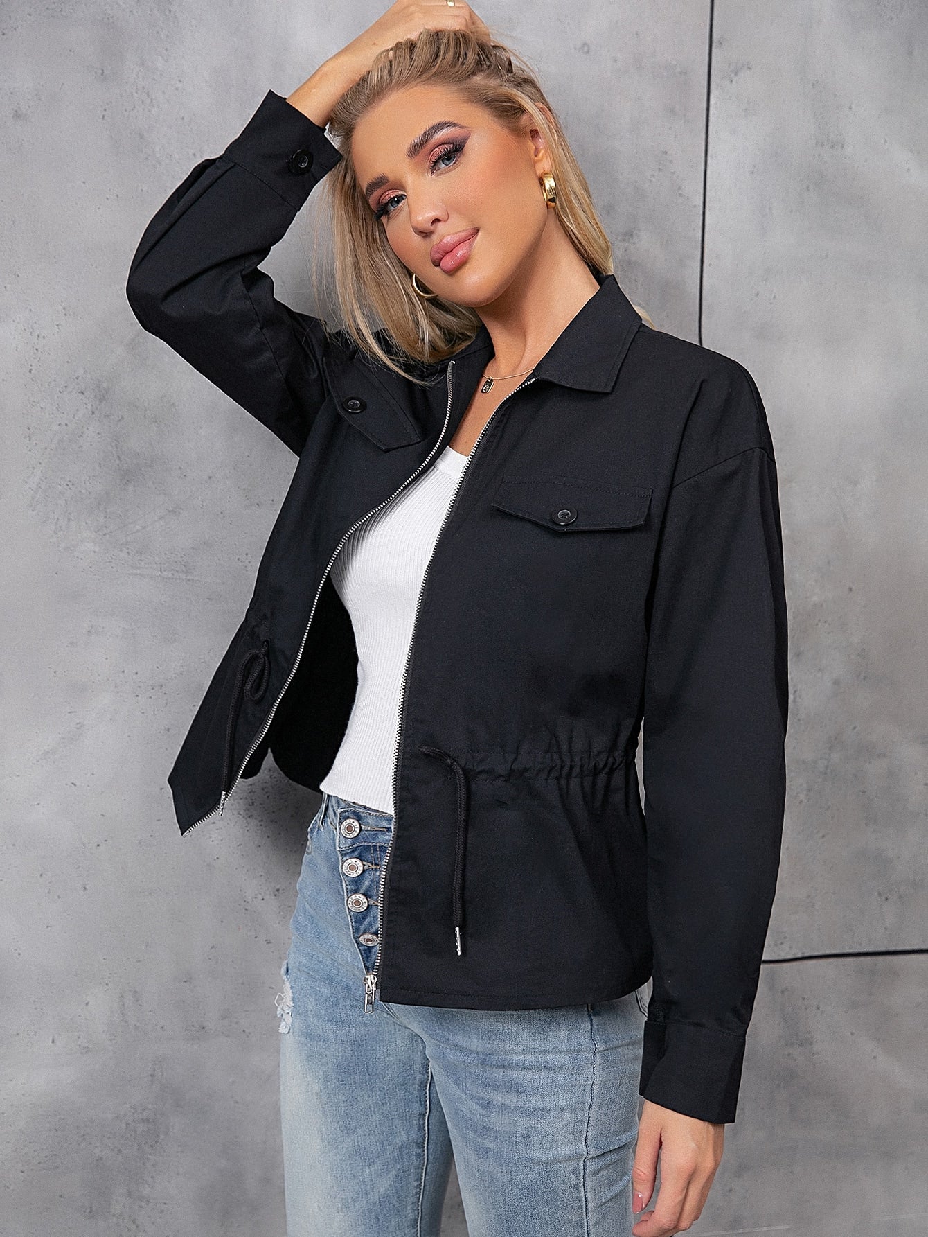 Lapel casual fashion zipper waist jacket Sai Feel