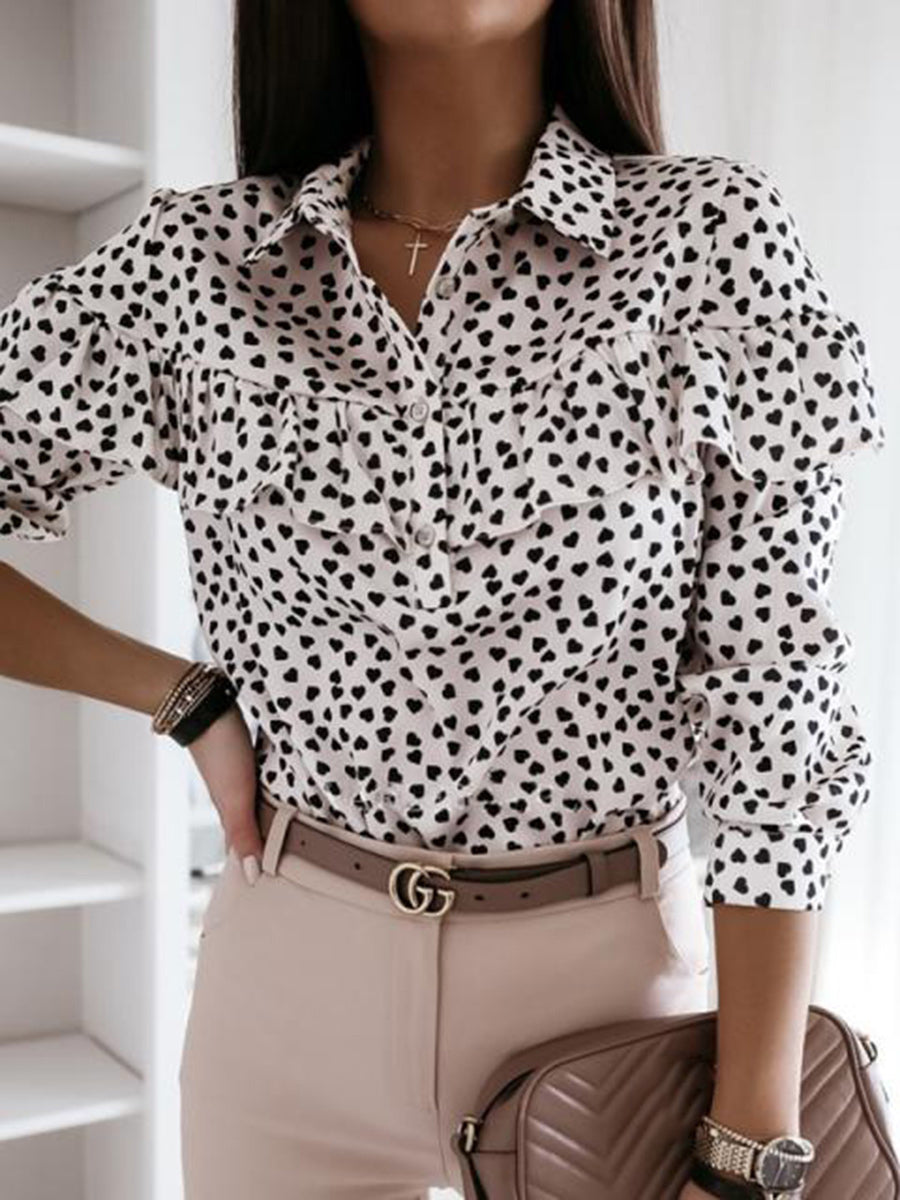 Lapel flounces polka dot long sleeve shirt Sai Feel