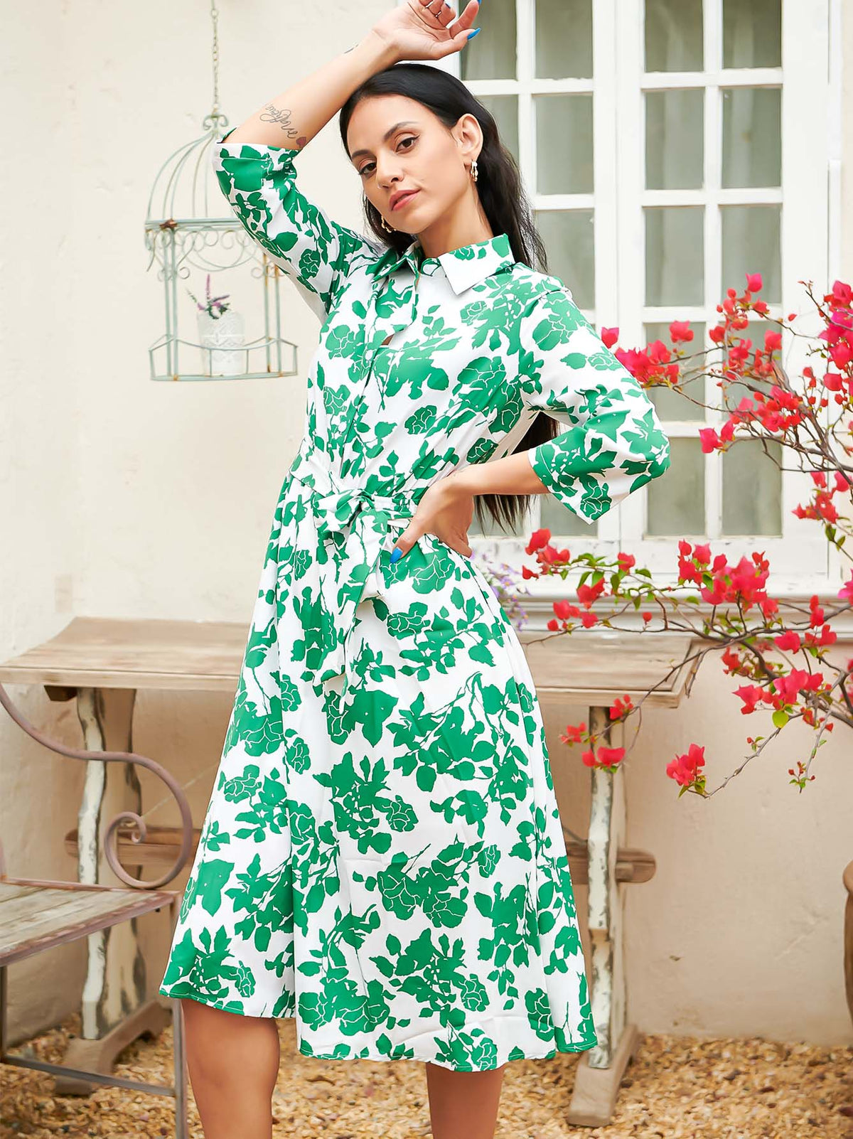 Lapel strap high waist mid length green floral dress Sai Feel